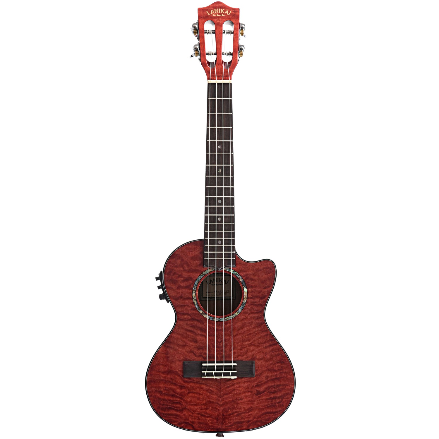 full front of Lanikai Quilted Maple Red Stain A/E Tenor Ukulele 