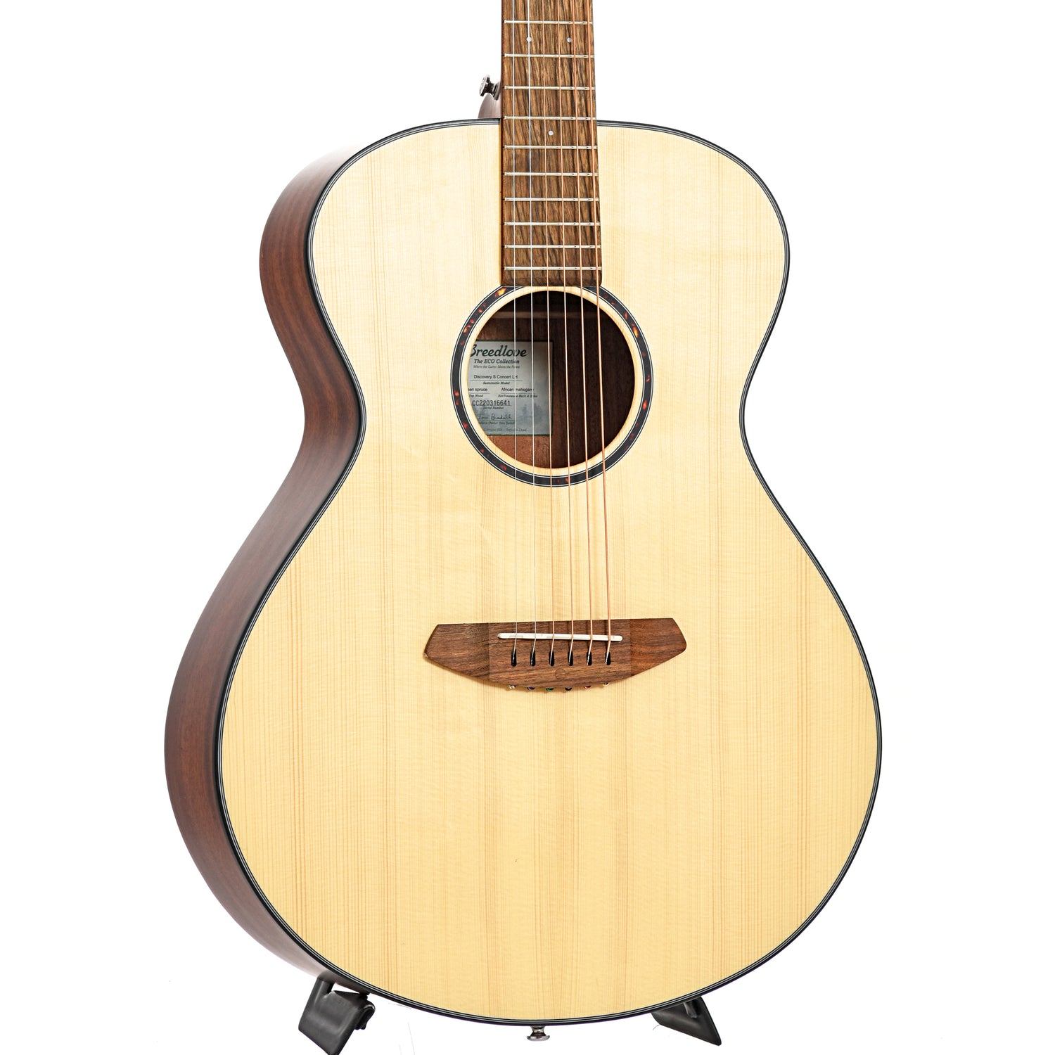 Front and side of Breedlove Eco Collection Discovery S Concert LH European-African Mahogany
