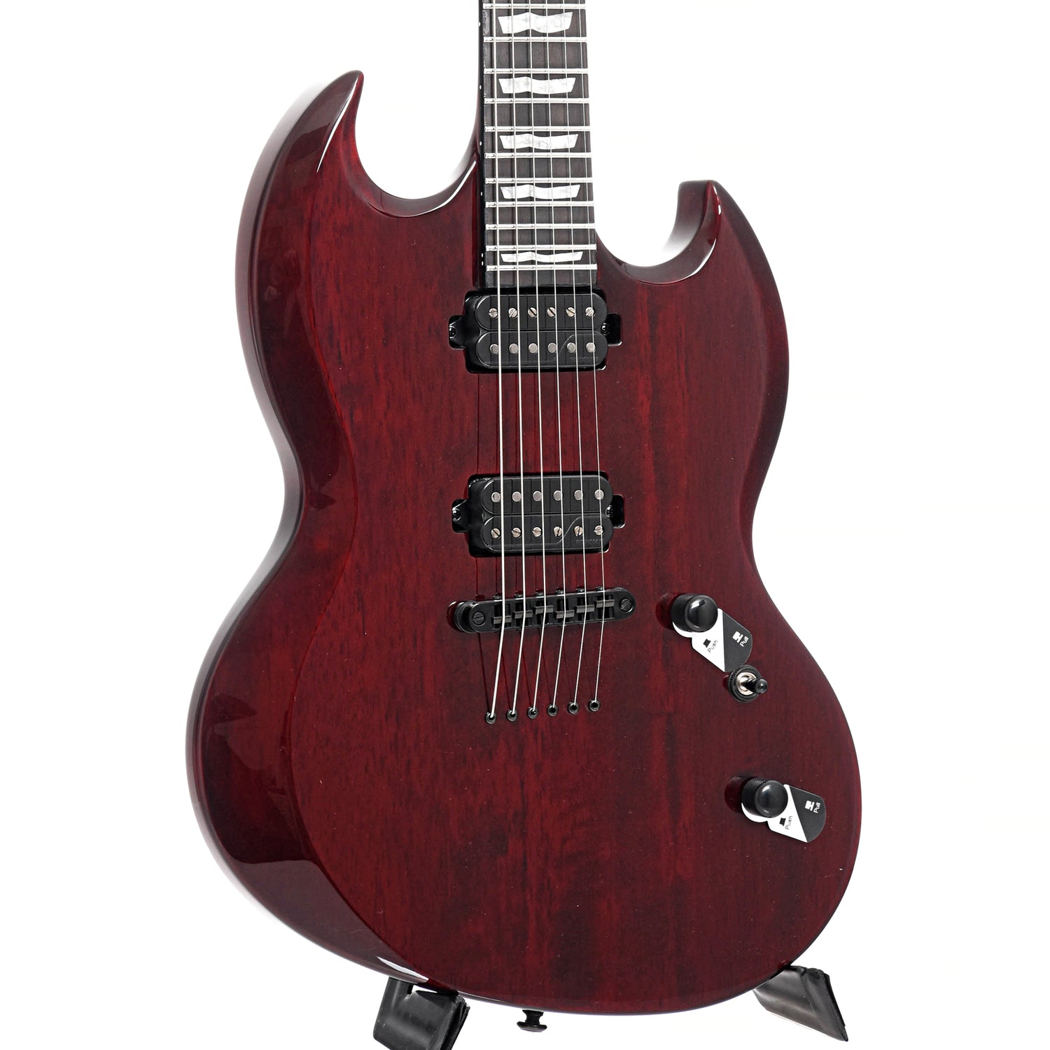 Front and side of ESP LTD Viper-1000 Electric Guitar, See Thru Black Cherry