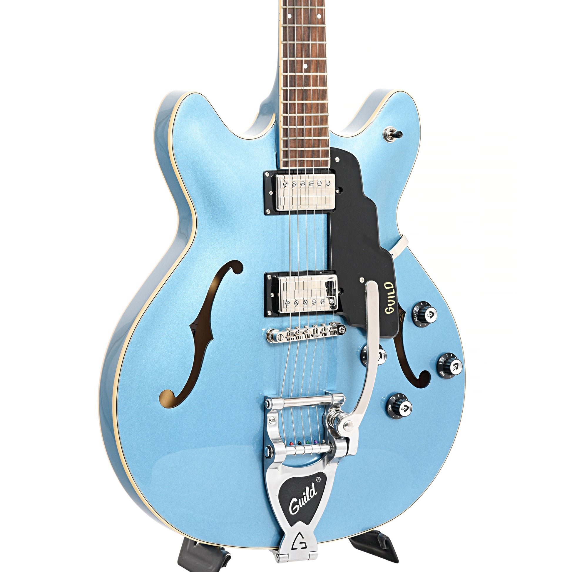 Front and side of of Guild Starfire I Double Cutaway Semi-Hollow Body  Pelham Blue