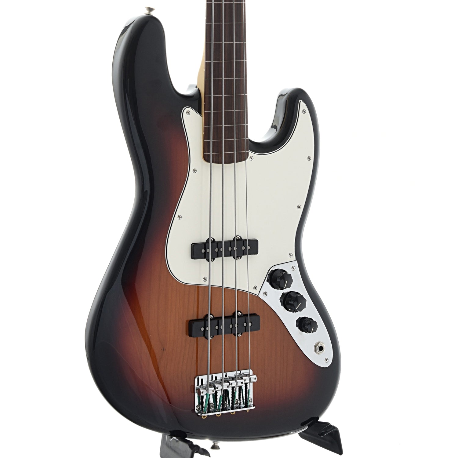 front and side of Fender Player Jazz Bass Fretless, 3 Color Sunburst