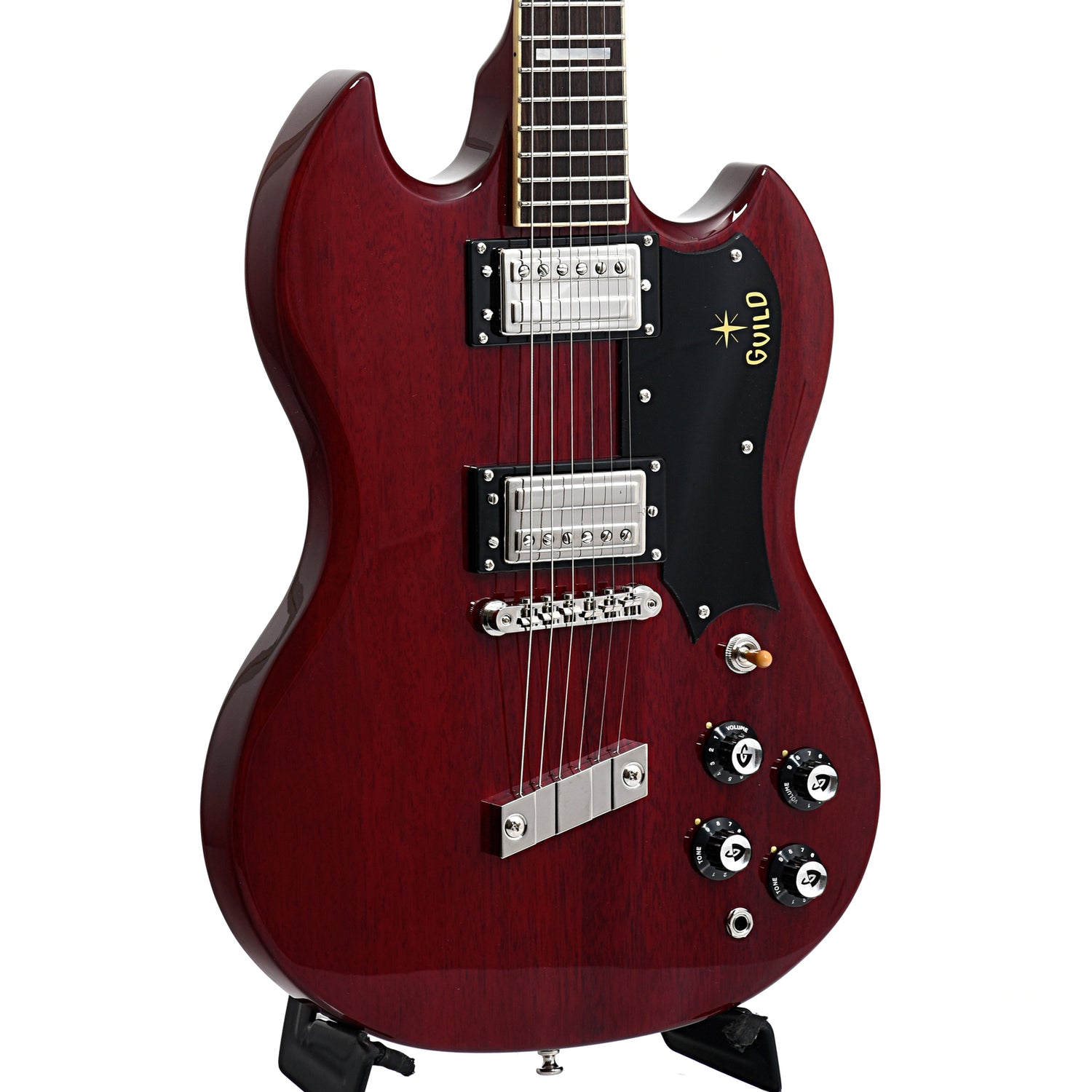 Front and side of Guild Newark ST. Collection S-100 Polara, Cherry Red