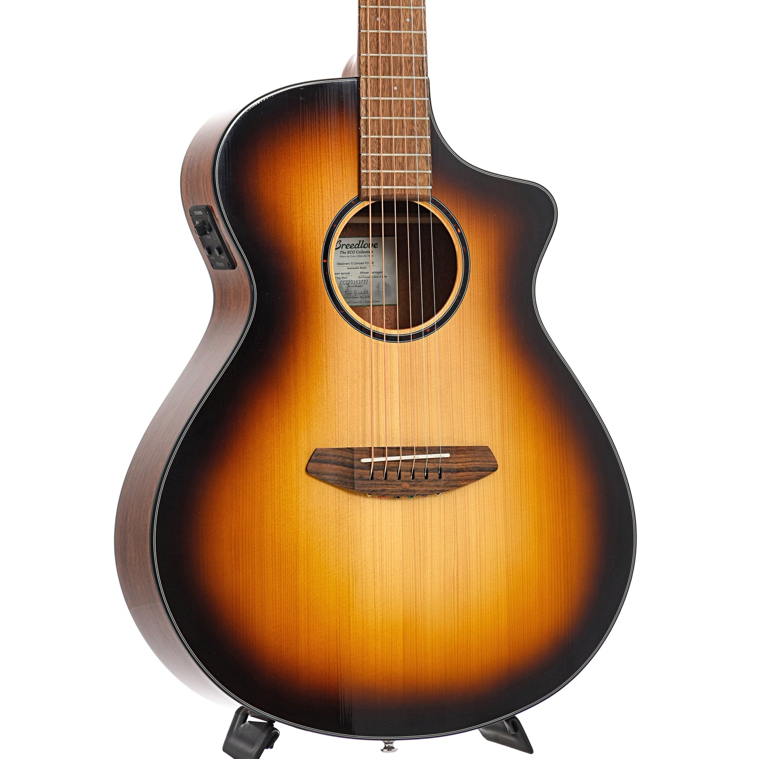 Front and side of Breedlove Eco Collection Discovery S Concert Edgeburst CE European-African