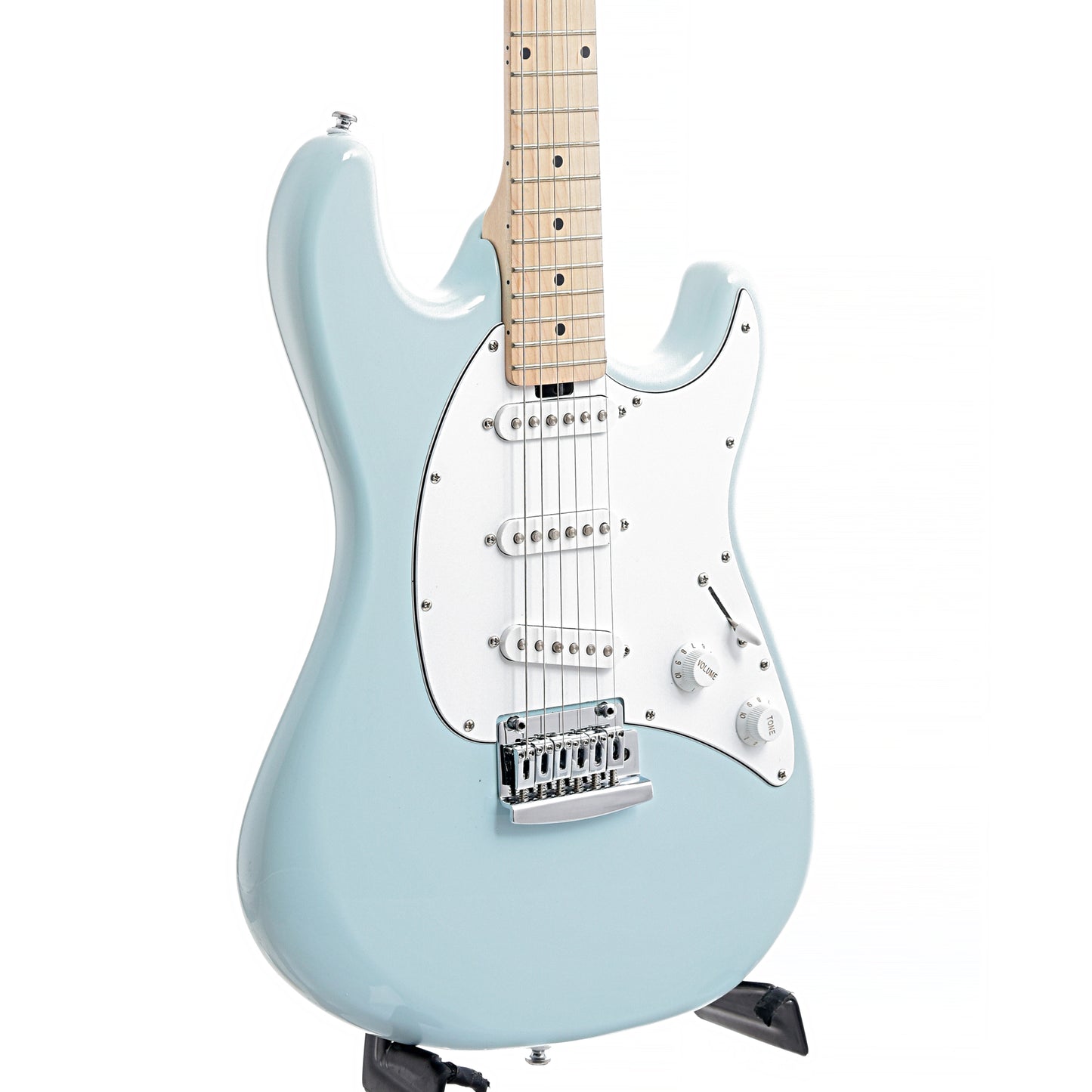 front and side of of Sterling by Music Man Cutlass SSS, Daphne Blue