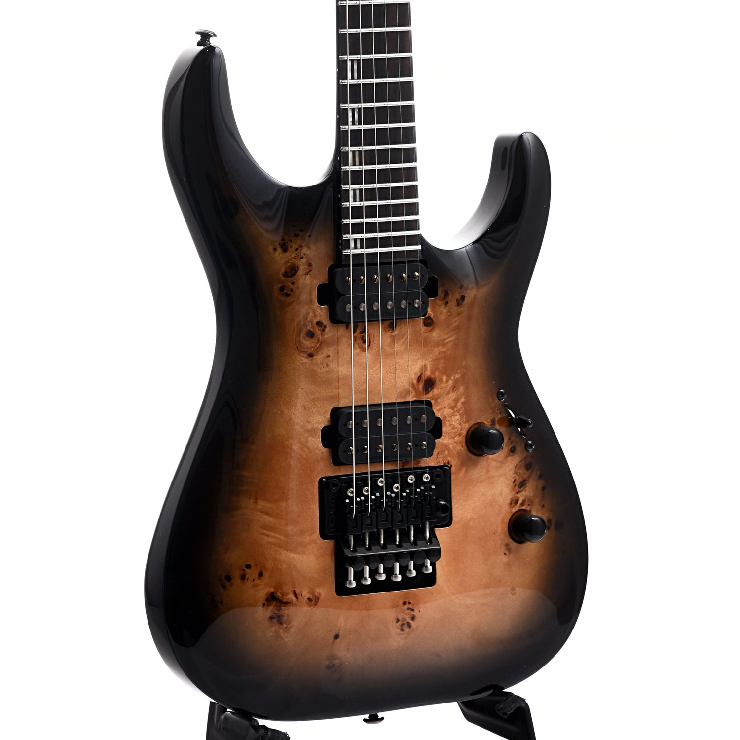 Front and side of ESP LTD H-1001FR Electric Guitar, Black Natural Burst