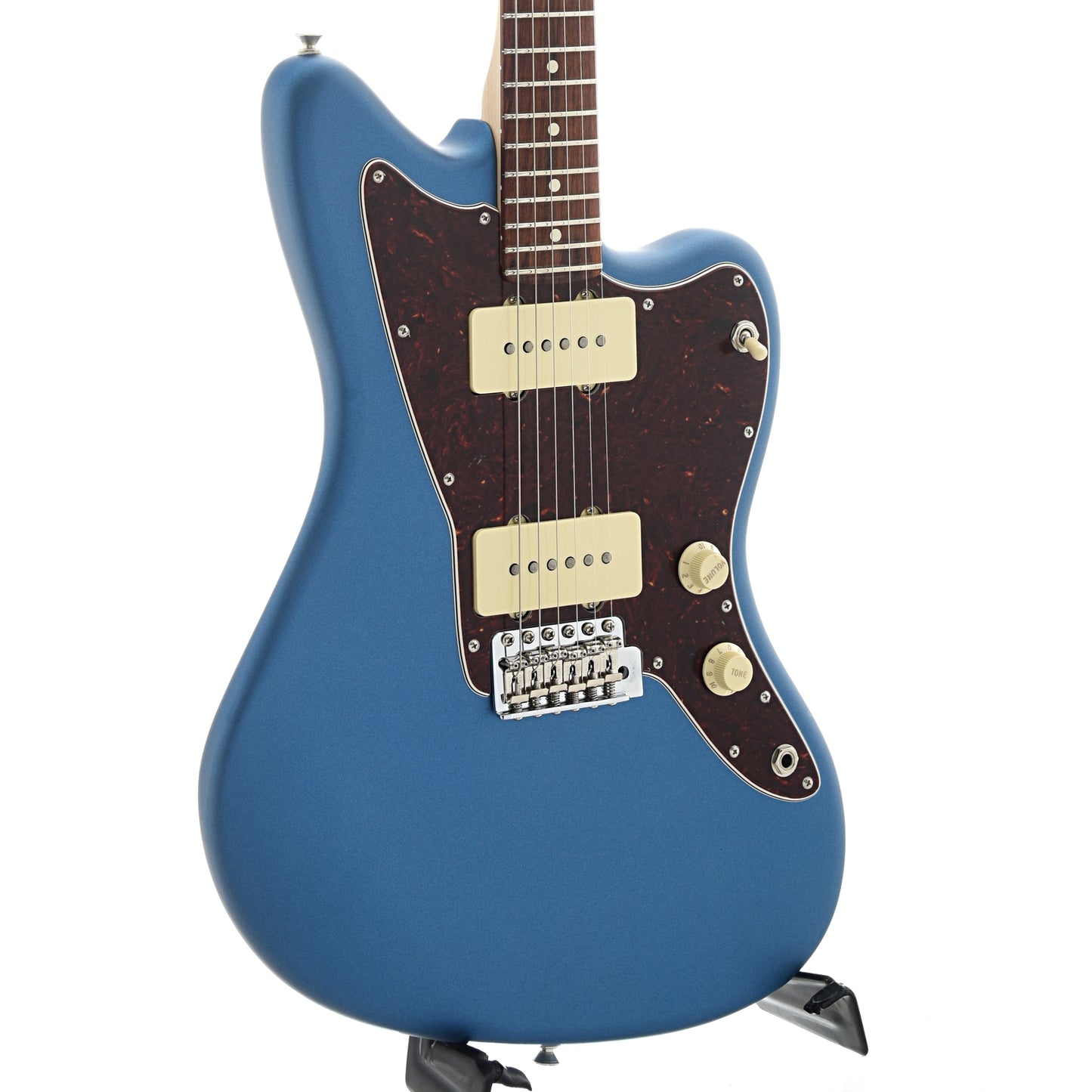 Front and side of Fender American Performer Jazzmaster, Lake Placid Blue