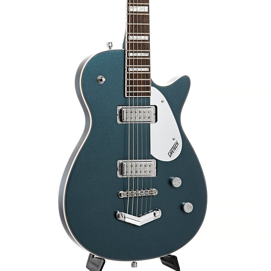 Front and side of Gretsch G5260 Electromatic Jet Baritone with V-Stoptail, Jade Grey Metallic