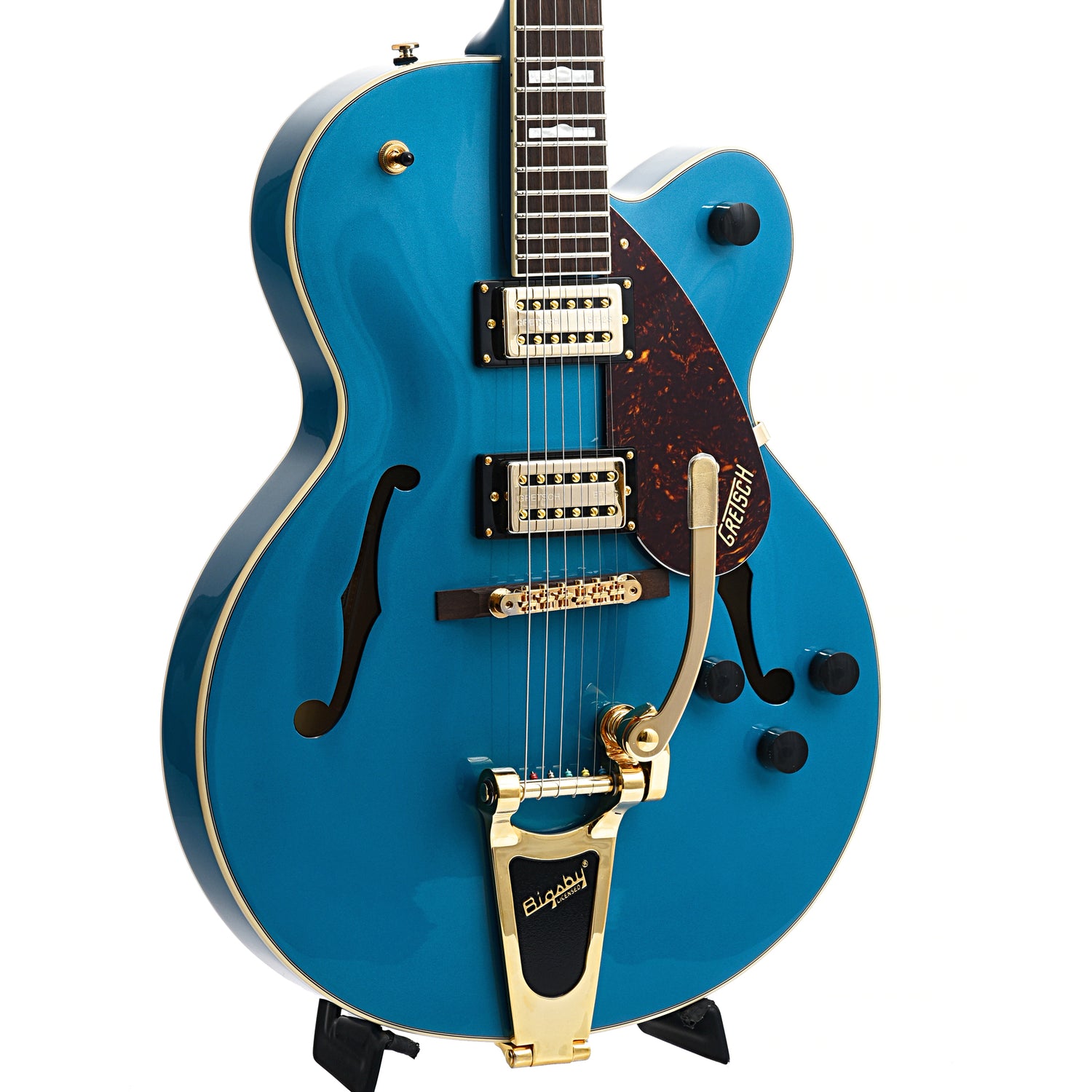 Front and side of Gretsch G2410TG Streamliner Hollow Body Single Cut with Bigsby, Ocean Turquoise