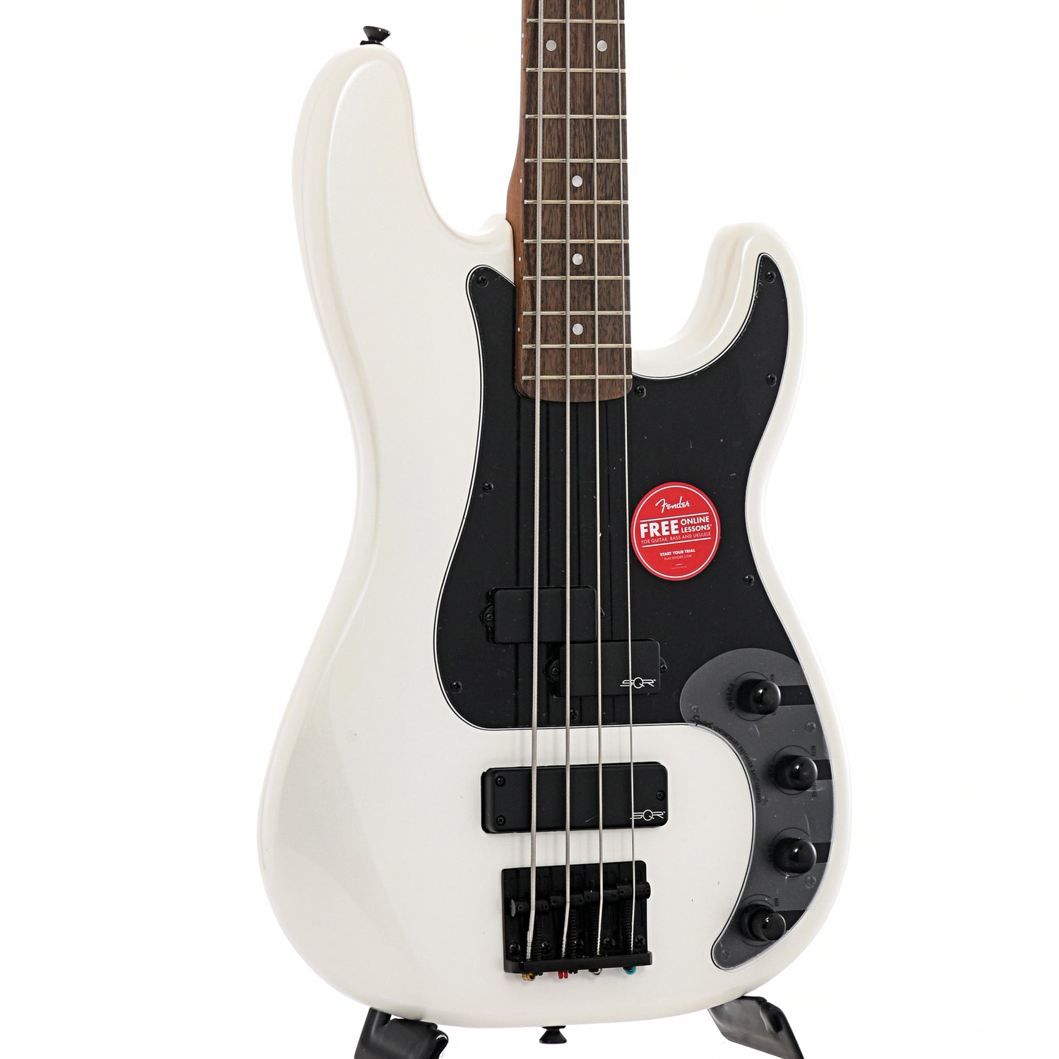 Front and side of Squier Contemporary Active Precision Bass PH, Pearl White