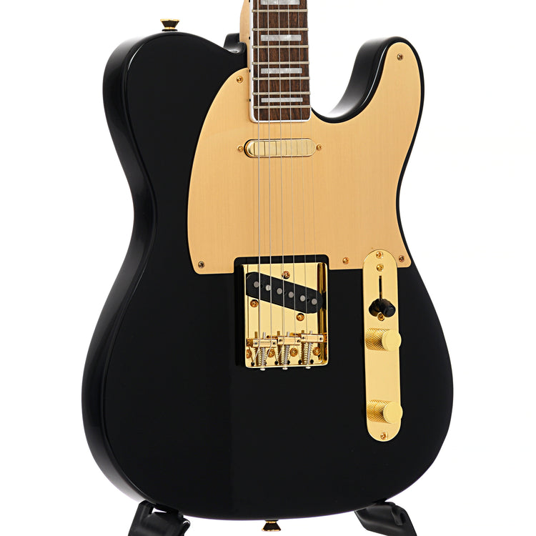 front and side of Squier 40th Anniversary Telecaster, Gold Edition, Black