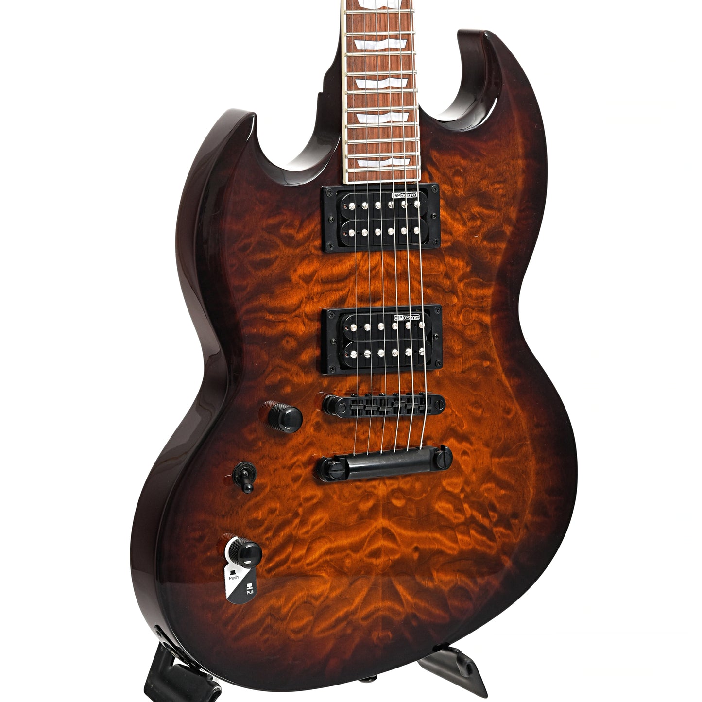 Image 3 of ESP LTD Viper-256 Quilted Maple Dark Brown Sunburst Electric Guitar, Left Handed - SKU# VIPER256L-QMDBSB : Product Type Solid Body Electric Guitars : Elderly Instruments