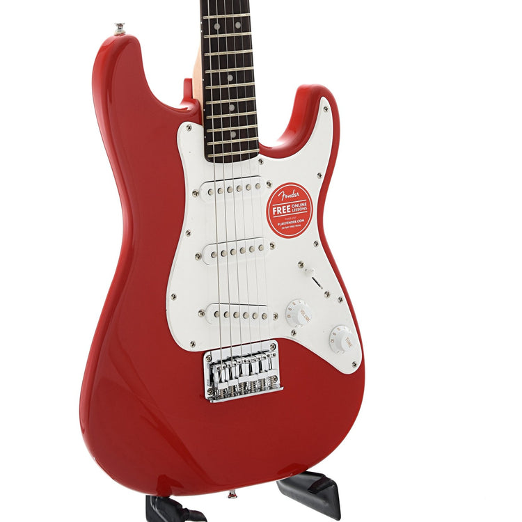 Front and side of Squier Mini Stratocaster, Dakota Red