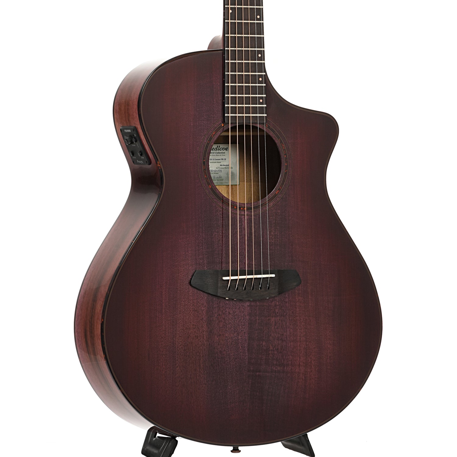 Front and side of Breedlove Limited Edition Pursuit Exotic S Concert Pinot Burst CE Myrtlewood