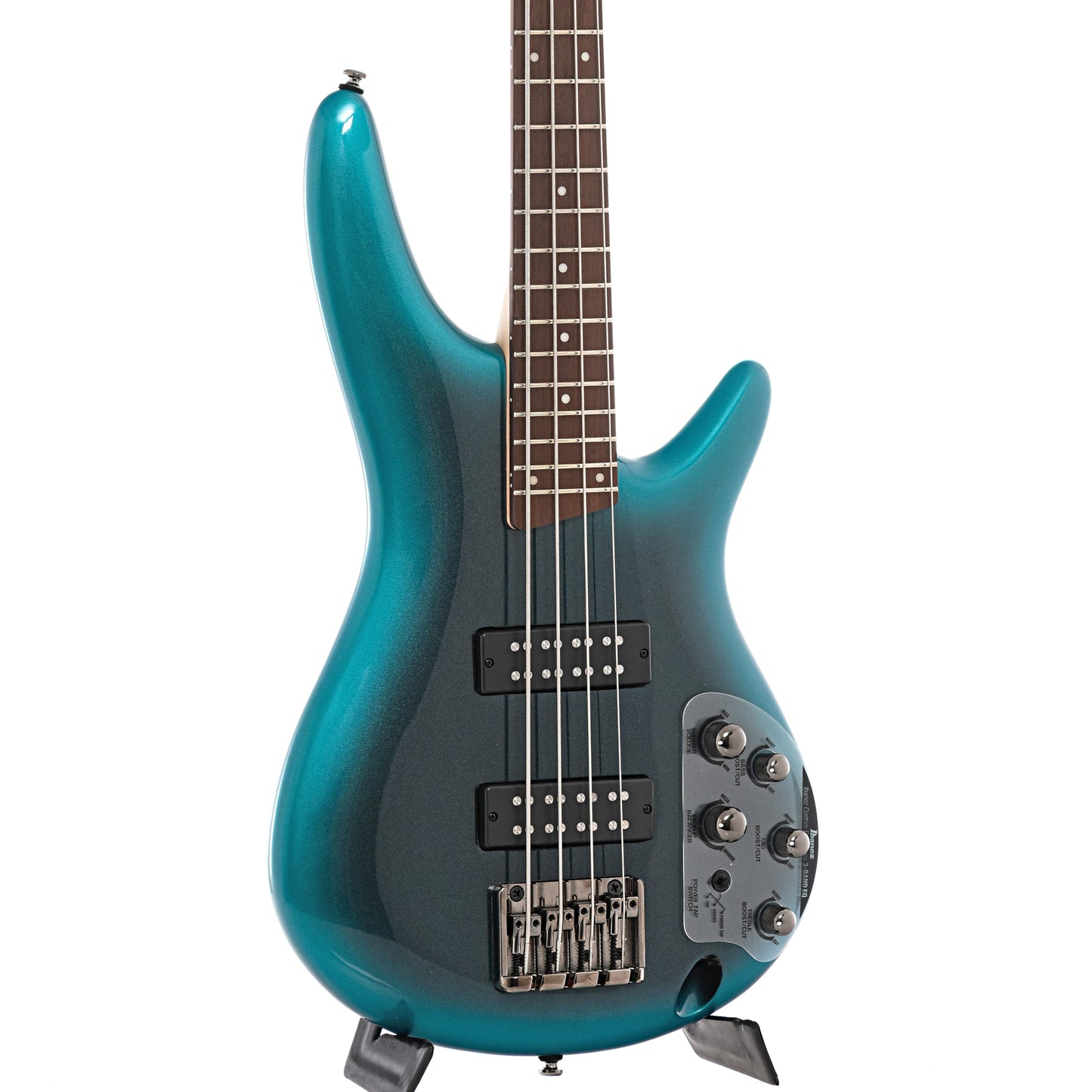 Front and side of Ibanez SR300E Cerulean Aura Burst bass