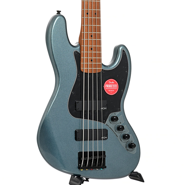 Front and side of Squier Contemporary Active Jazz Bass HH V, Gunmetal Metallic