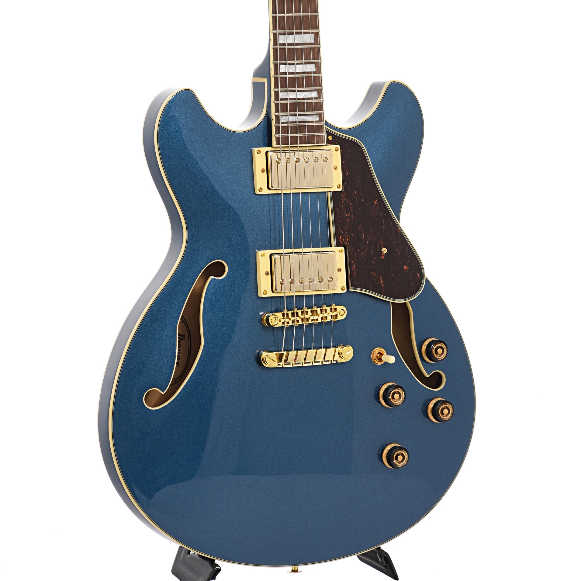 Front and side of Ibanez Artcore AS73G Semi-Hollowbody Prussian Blue Metallic