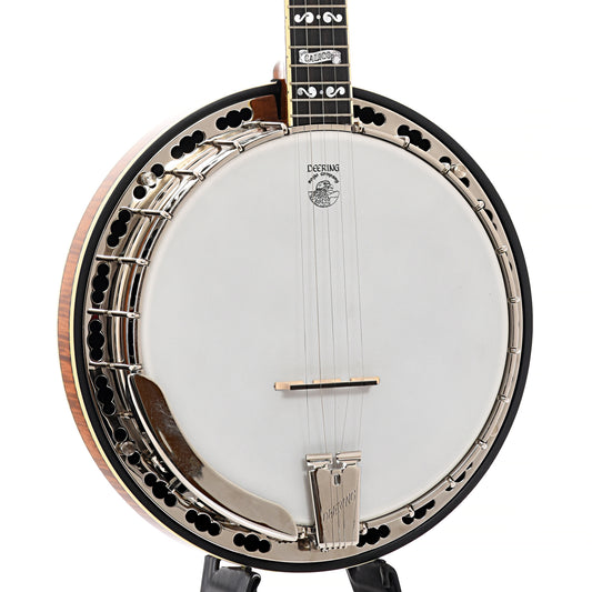Front and side of Deering Calico Banjo, Honey Finish