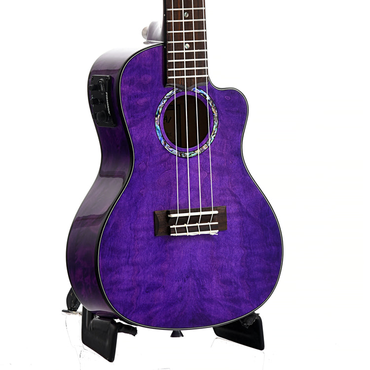 front and side of Lanikai Quilted Maple Purple Stain A/E Concert Ukulele