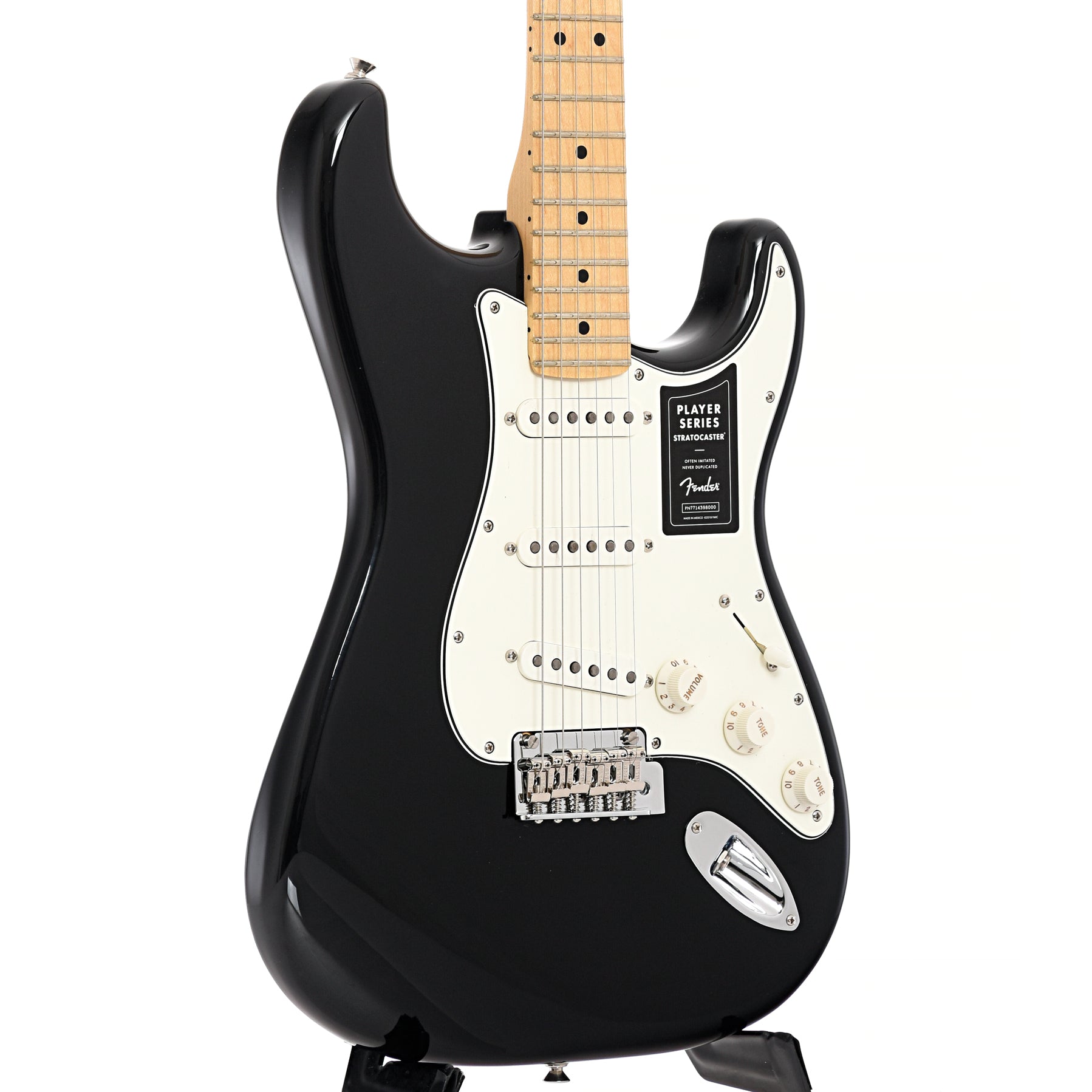 Front and side of Fender Player Stratocaster, Black