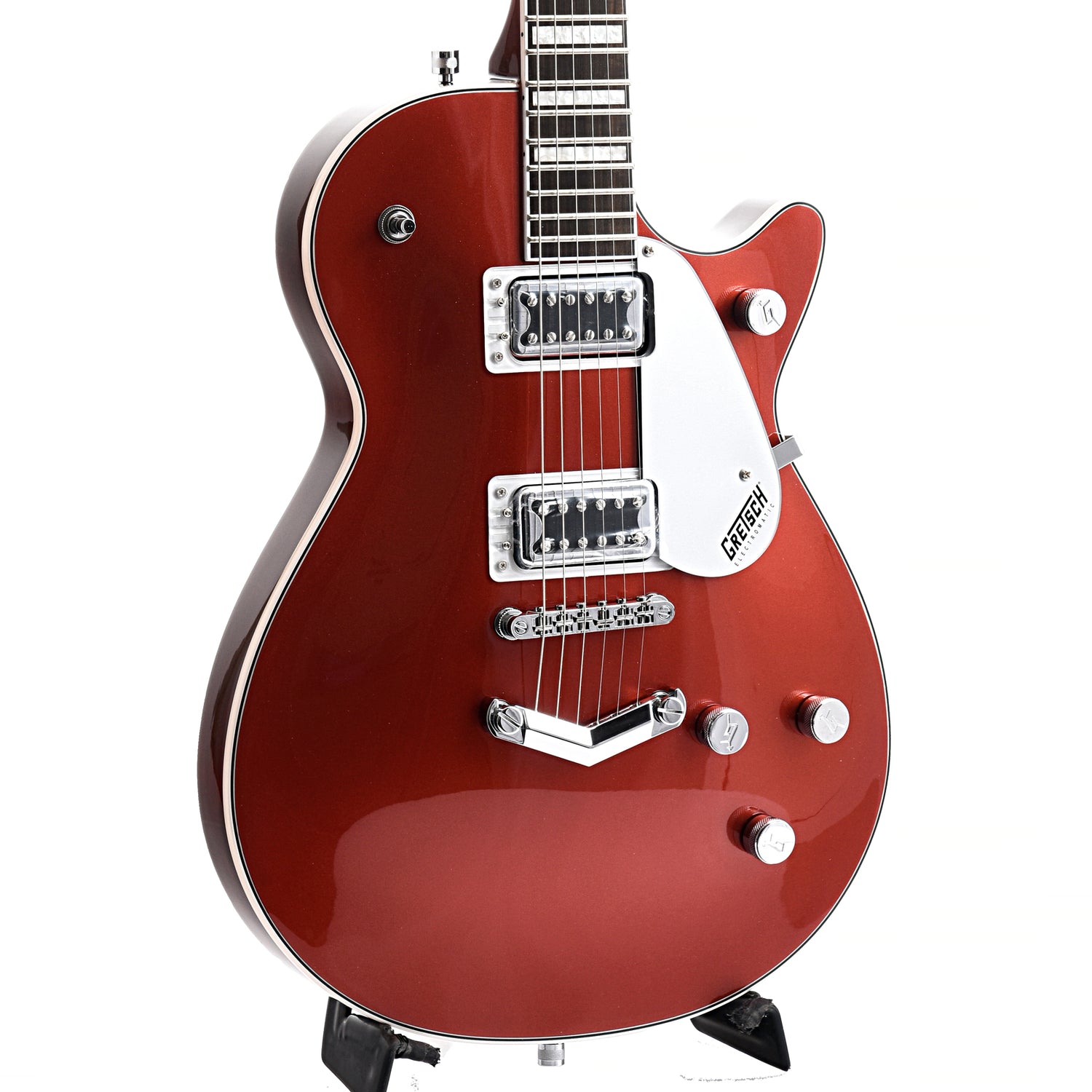 front and side of Gretsch G5220 Electromatic Jet BT Single-Cut, Firestick Red
