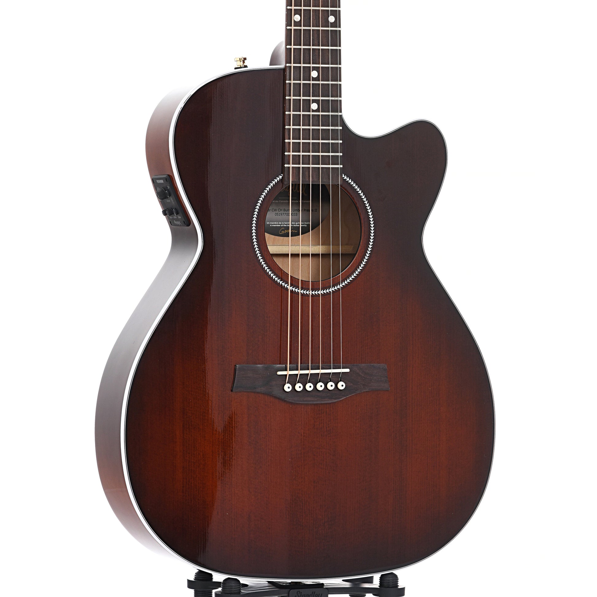 Front and side of Seagull Performer Cutaway Concert Hall Burnt Umber