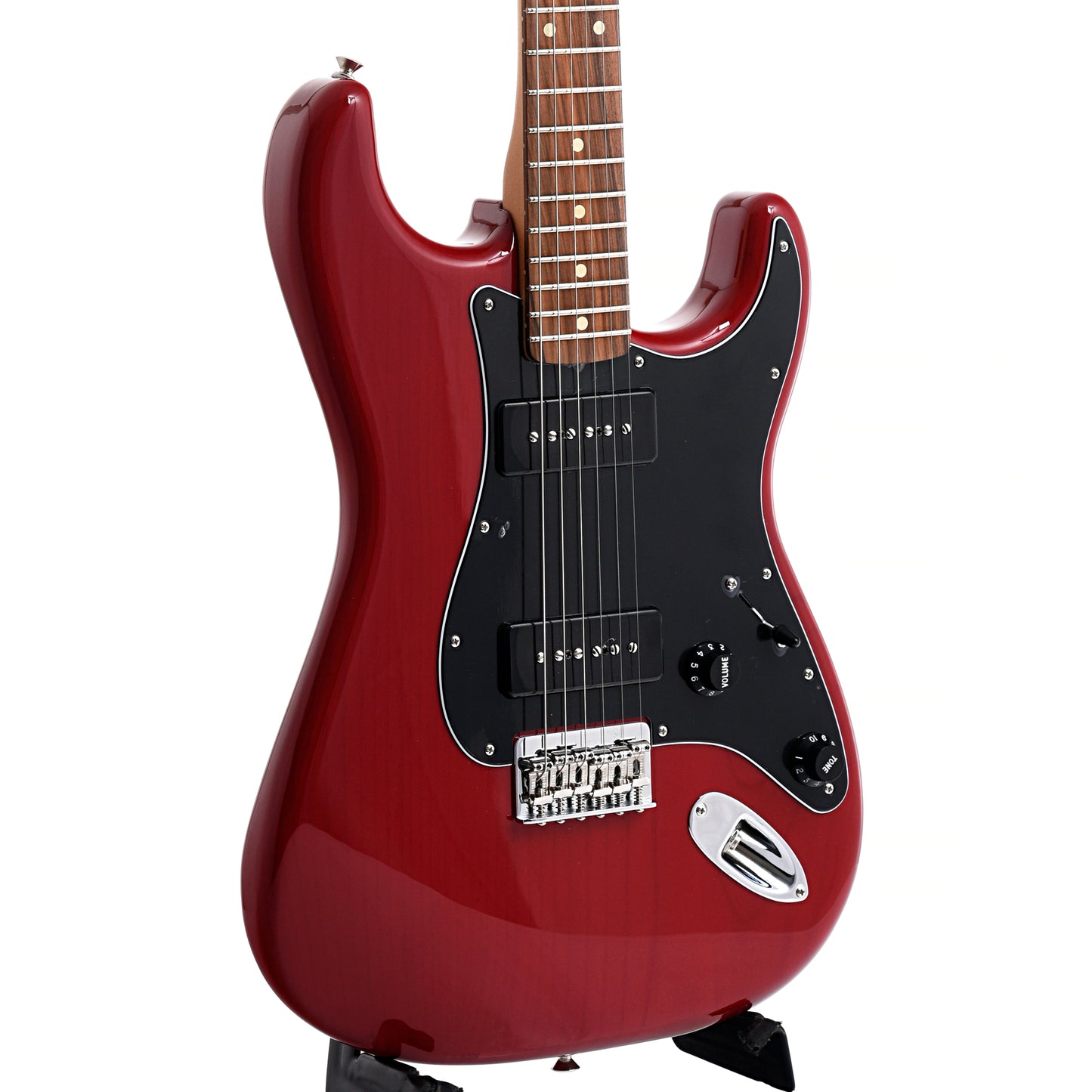 Front and side of Fender Noventa Stratocaster, Crimson Red Transparent