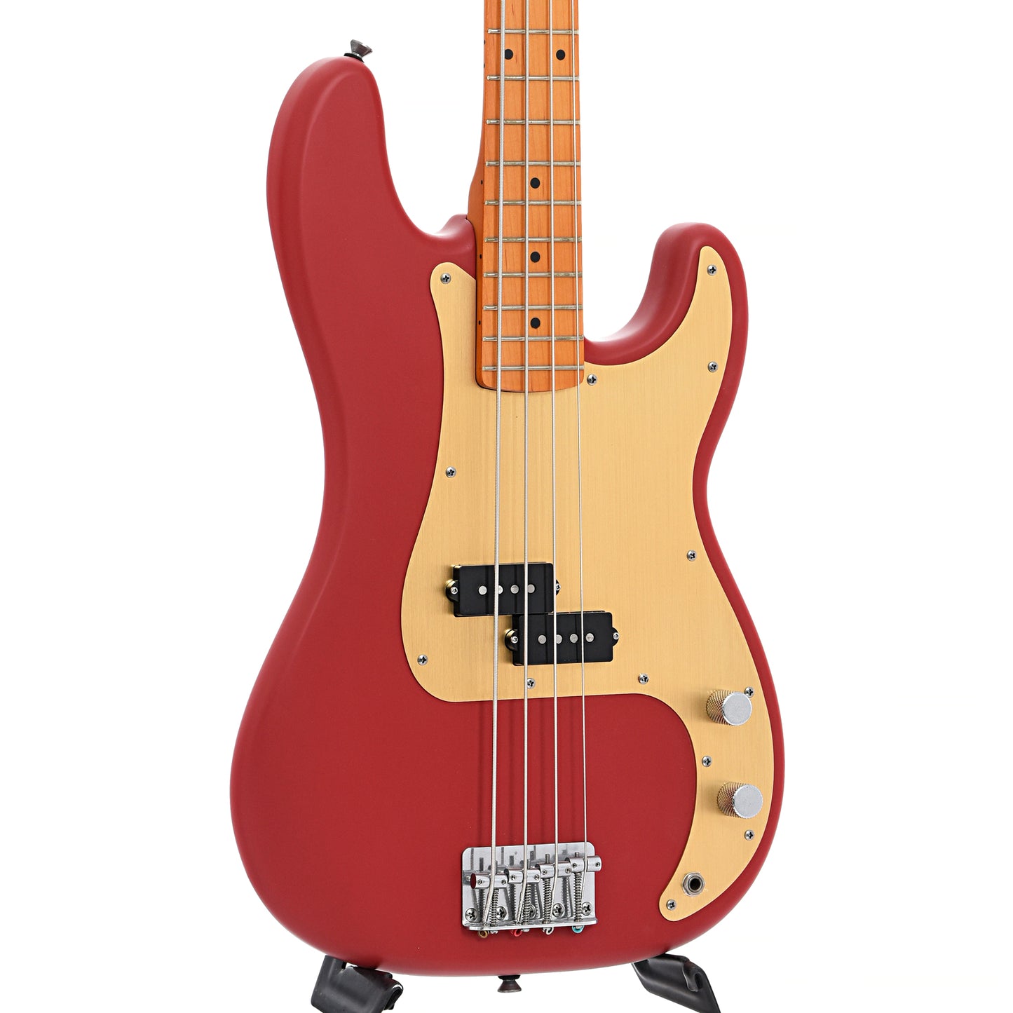 Front and side of Squier 40th Anniversary Precision Bass, Vintage Edition, Satin Dakota Red