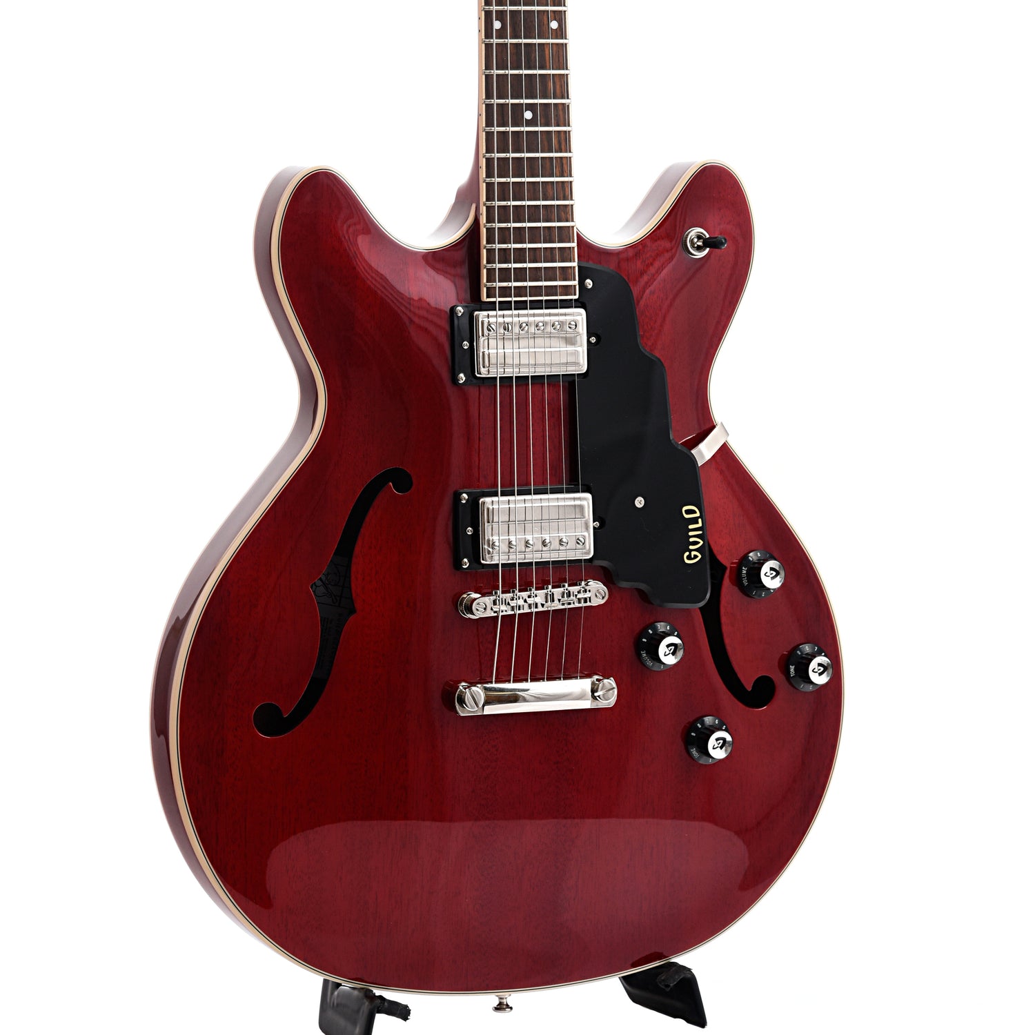 Front and side of Guild Starfire I Double Cutaway Semi-Hollow Body Guitar, Cherry Red