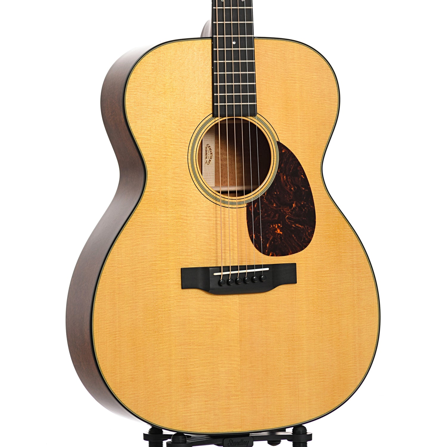front and side of Martin 18-Style OM, Flame Mahogany, 
