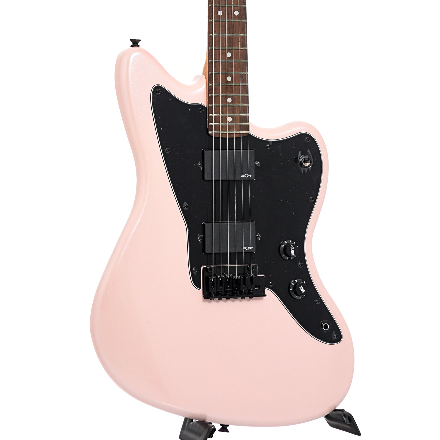Front and side of Squier Contemporary Active Jazzmaster HH, Shell Pink Pearl
