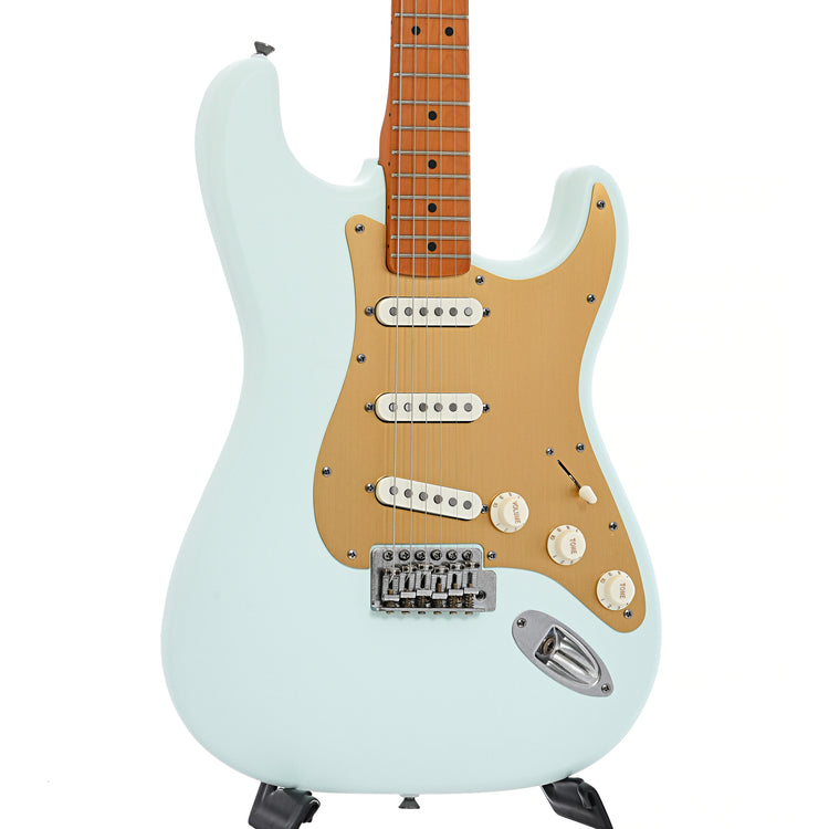 Front and side of Squier 40th Anniversary Stratocaster, Vintage Edition, Satin Sonic Blue