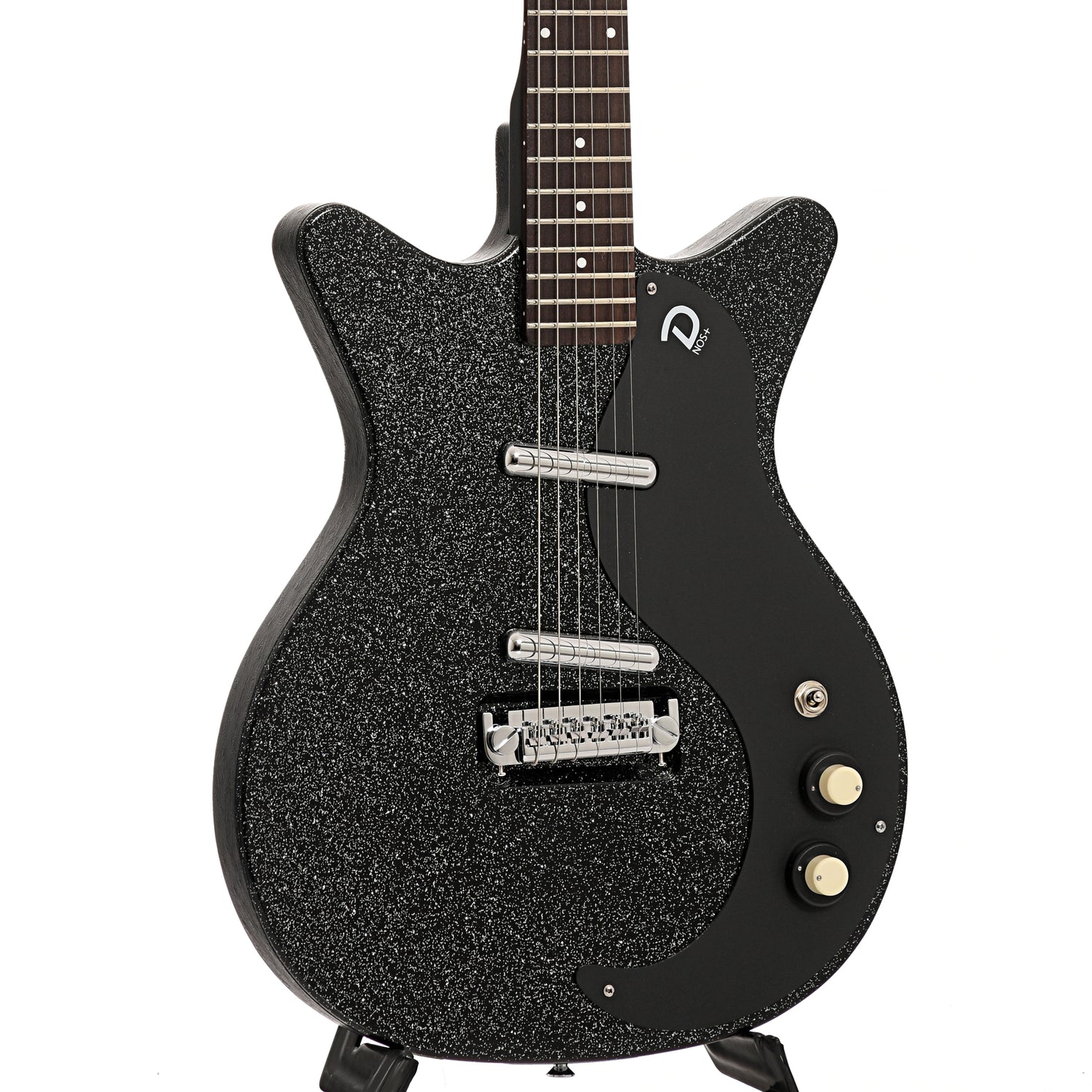 Front and side of Danelectro Blackout 59, Black Metal Flake