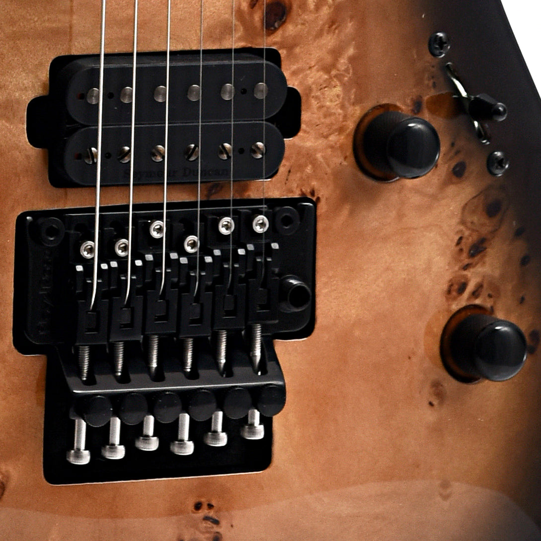 Bridge and controls of ESP LTD H-1001FR Electric Guitar, Black Natural Burst