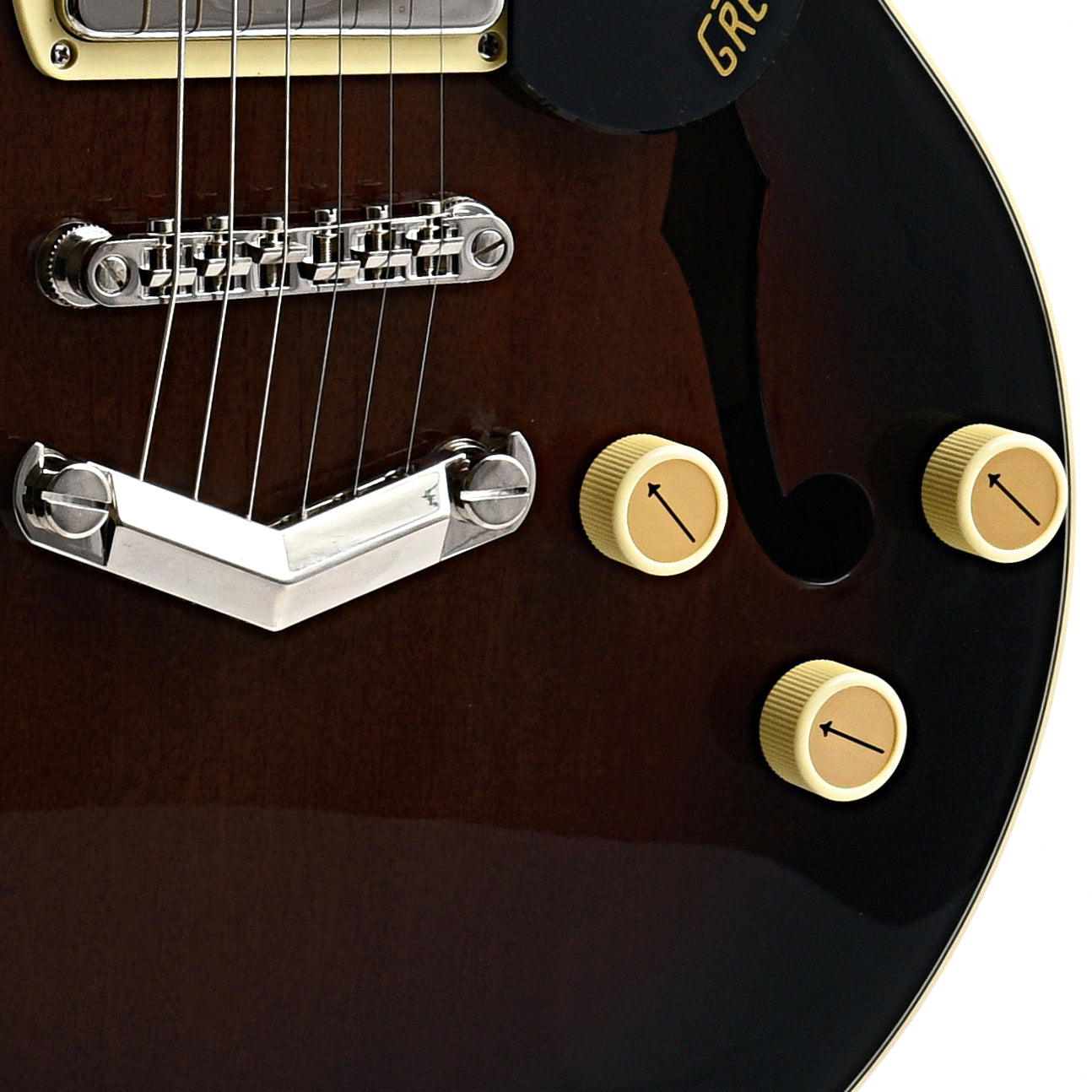 Tailpiece, bridge and controls of Gretsch G2655-P90 Streamliner Center Block Jr. Double-Cut P90 with V-Stoptail, Brownstone