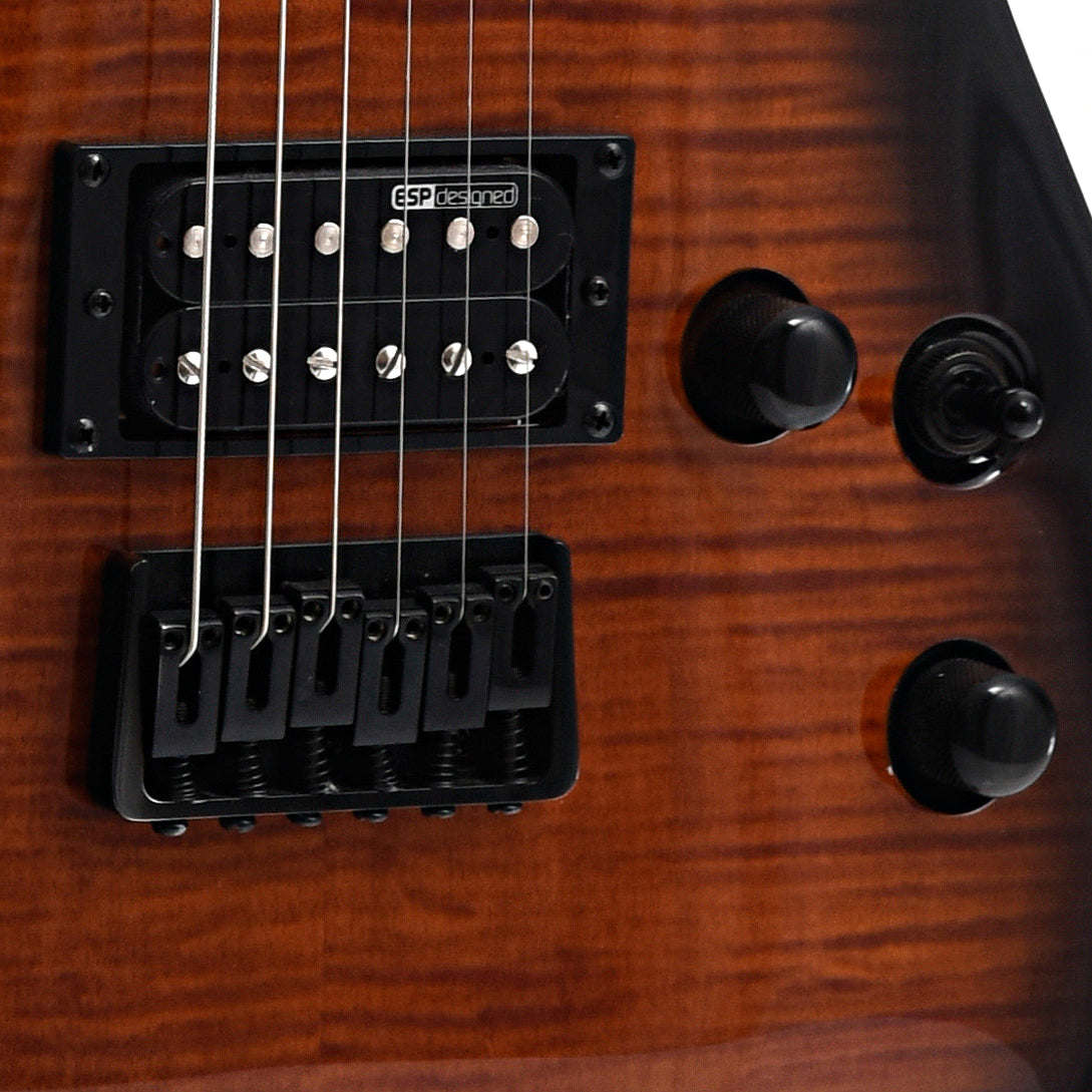 Bridge and controls of ESP LTD H-200FM Electric Guitar, Dark Brown Sunburst Finish