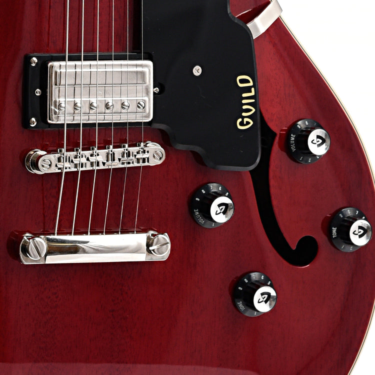 bridge and controls of Guild Starfire I Double Cutaway Semi-Hollow Body Guitar, Cherry Red