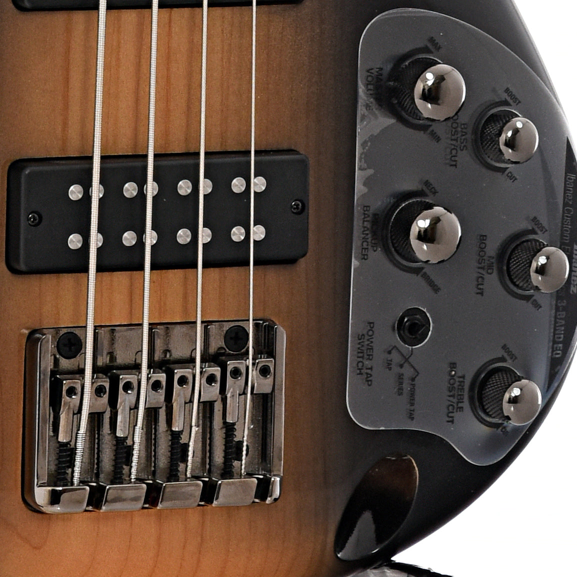 Bridge, Bridge pickup and controls of Ibanez SR370E 4-String Bass, Surreal Black Dual Fade Gloss