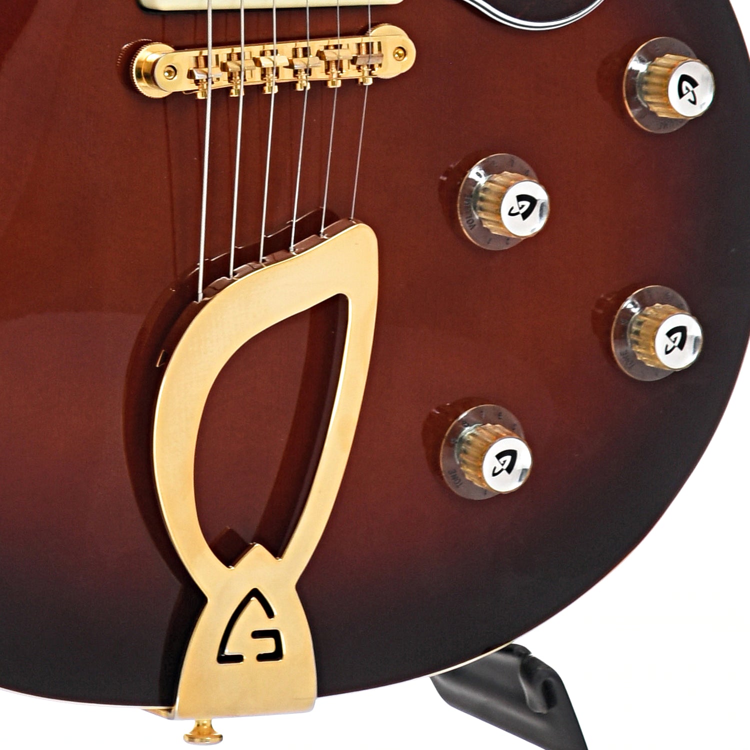 Tailpiece, controls and bridge of Guild Aristocrat P-90 Guitar