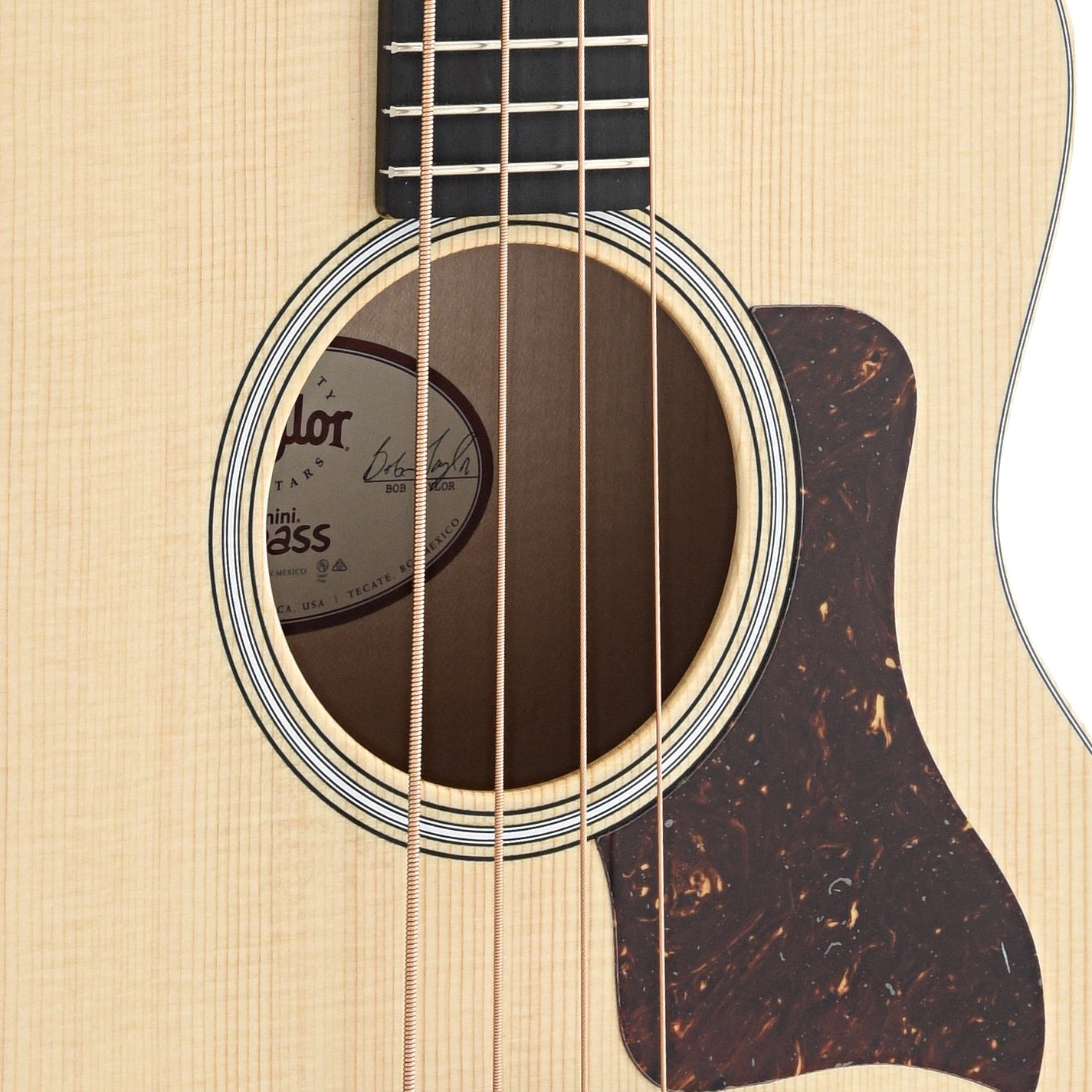 Soundhole and Pickguard of Taylor GS Mini-e Maple Bass Acoustic Bass Guitar 