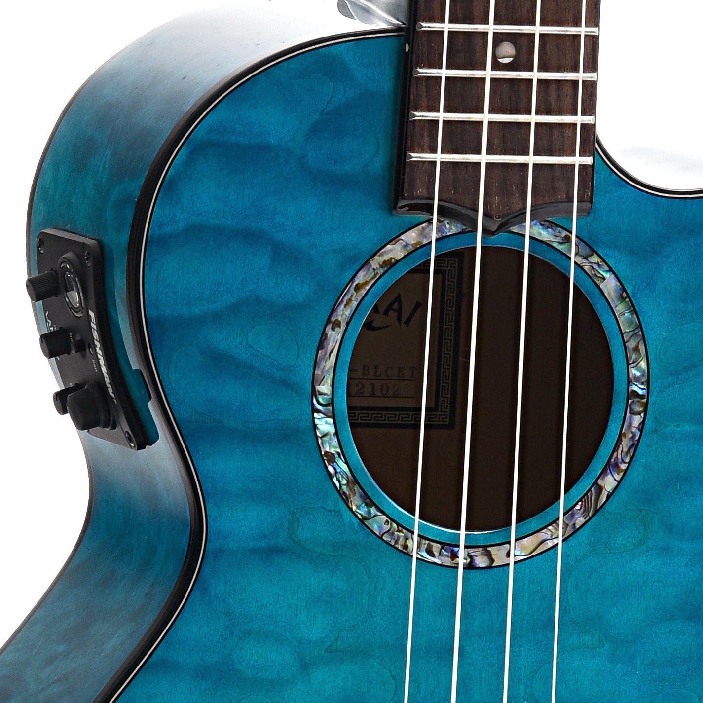 sound hole and controls of Lanikai Quilted Maple Blue Stain A/E Tenor Ukulele