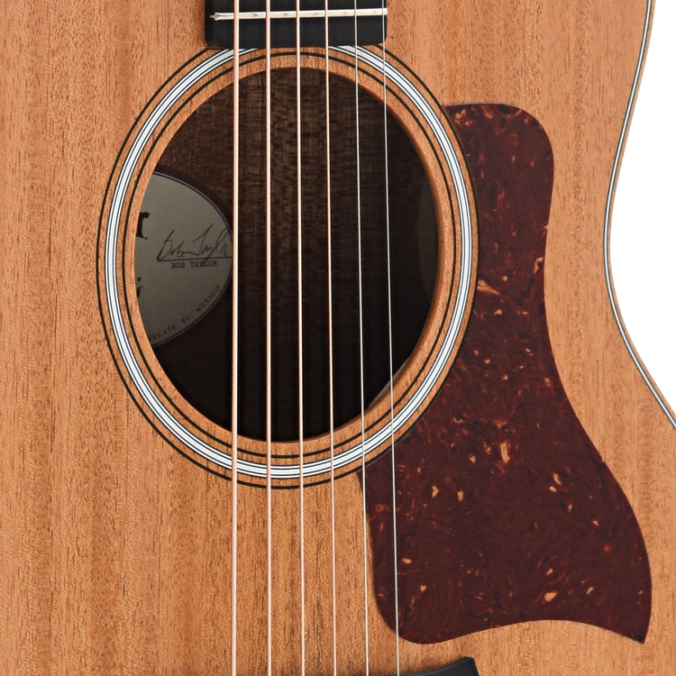 Soundhole and Pickguard of Taylor GS Mini Mahogany Top 6-String Acoustic Guitar