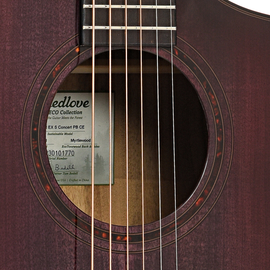 Sound hole of Breedlove Limited Edition Pursuit Exotic S Concert Pinot Burst CE Myrtlewood