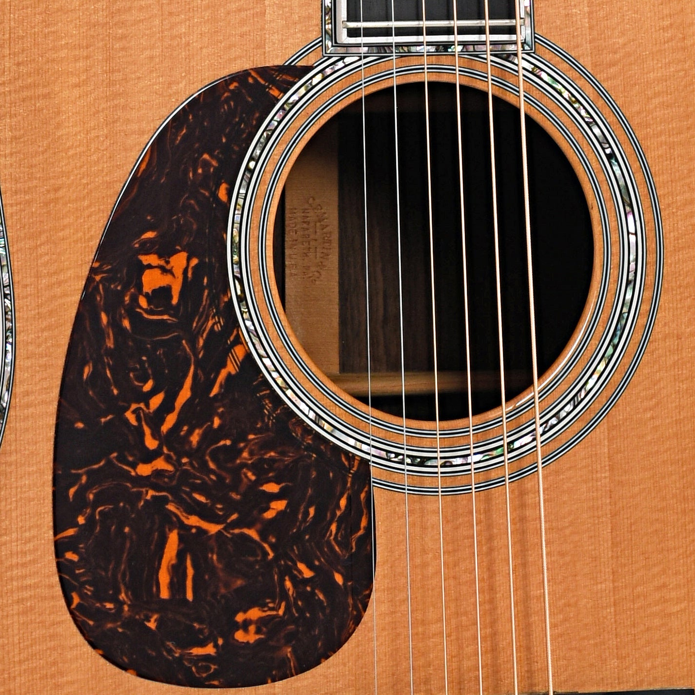 Sound hole and pickguard of Martin D-45L Acoustic Guitar