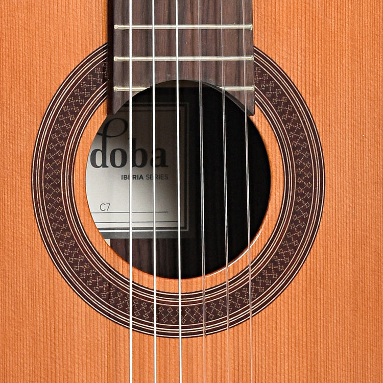 Soundhole of Cordoba C7 Classical Guitar, Cedar Top