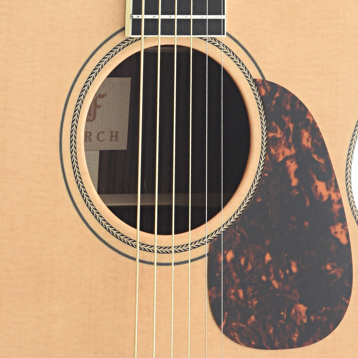 Soundhole and Pickguard of Furch Vintage 2 OM-SR Acoustic Guitar