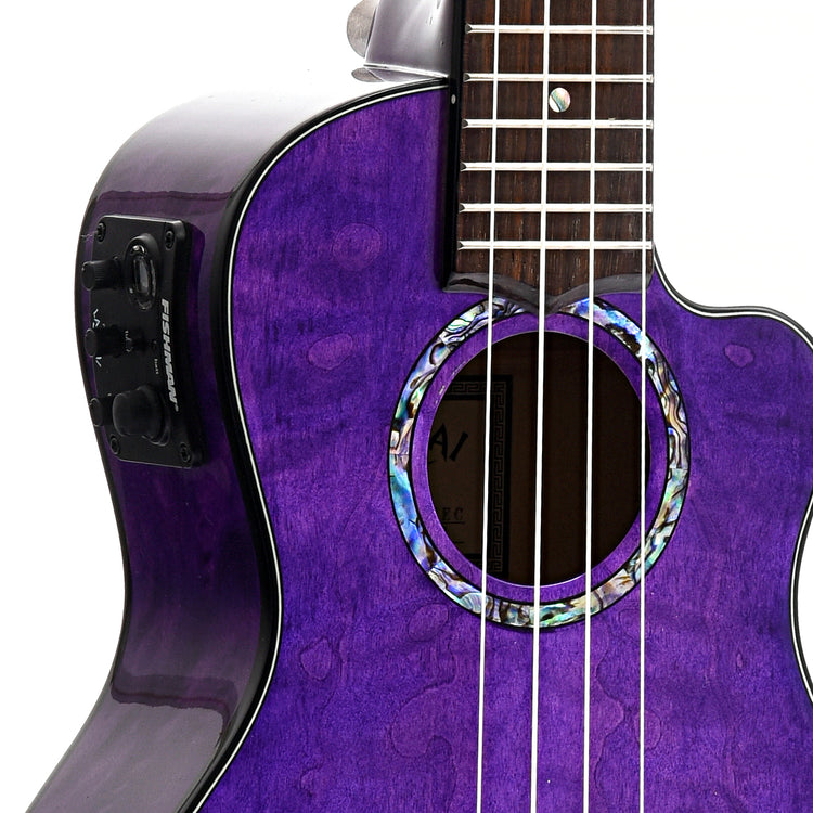 sound hole and controls of Lanikai Quilted Maple Purple Stain A/E Concert Ukulele
