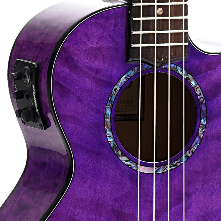sound hole and controls of Lanikai Quilted Maple Purple Stain A/E Tenor 