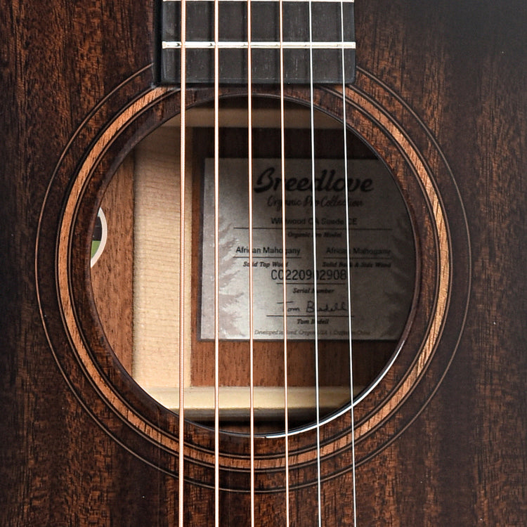 Sound hole of Breedlove Wildwood Pro Concertina Suede CE African Mahogany-African Mahogany