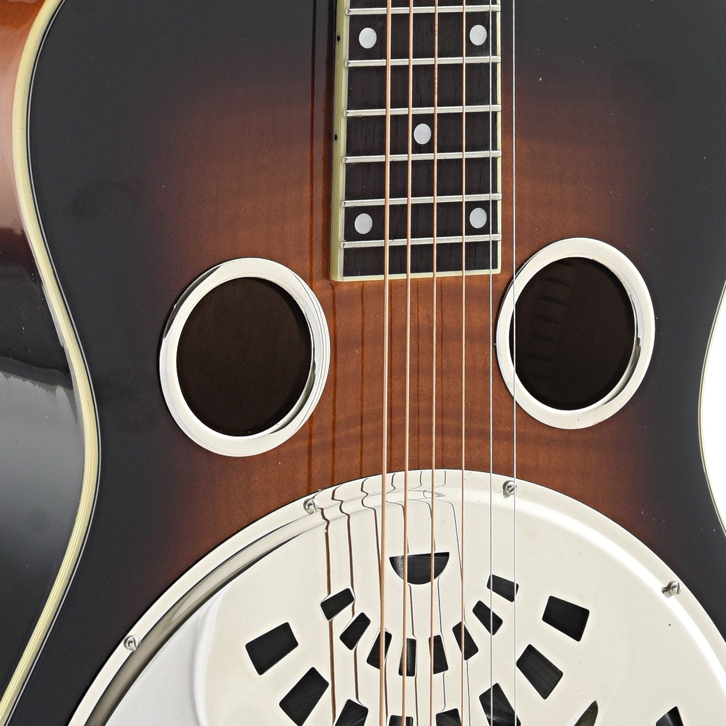 Soundholes of Recording King Phil Leadbetter Signature Squareneck Resonator Guitar