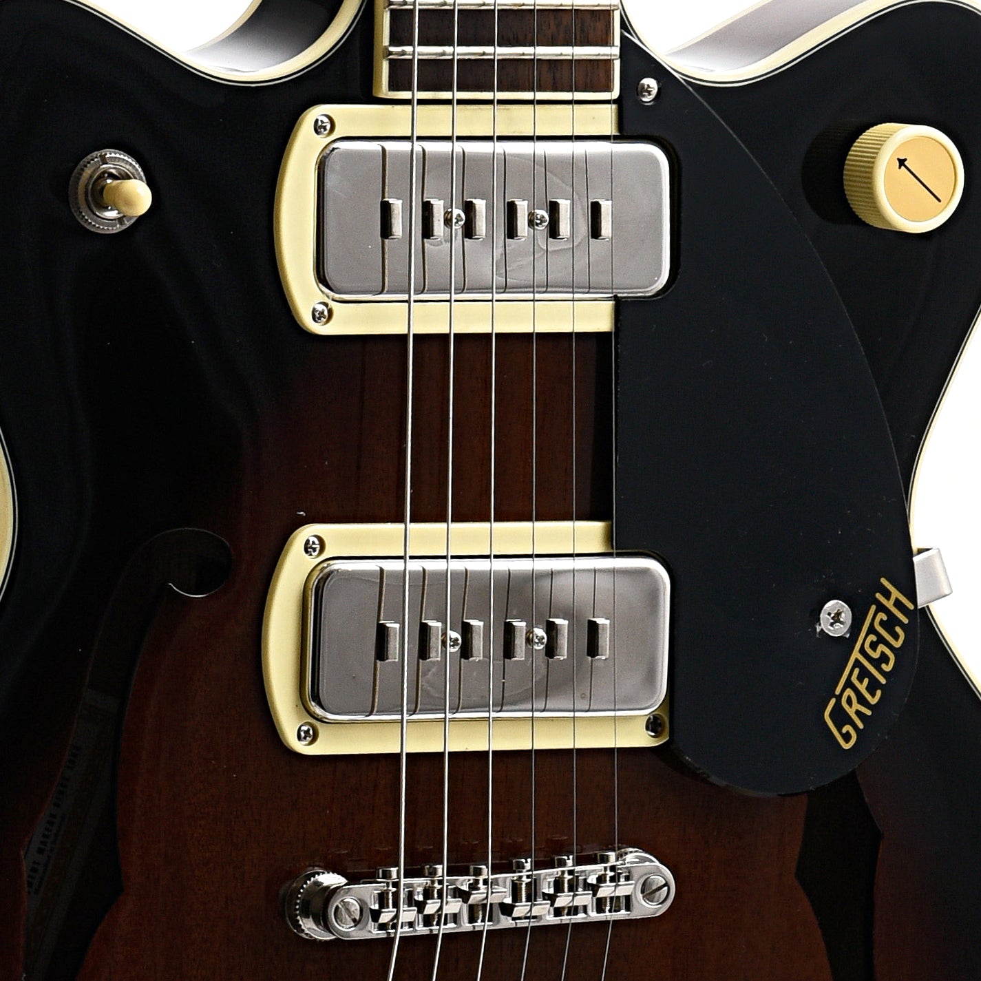 Pickups and pickguard of Gretsch G2655-P90 Streamliner Center Block Jr. Double-Cut P90 with V-Stoptail, Brownstone